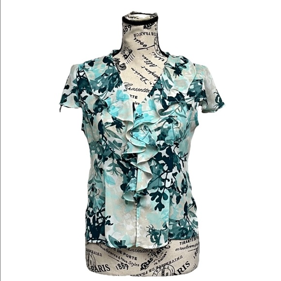 Kasper Floral Blouse Ruffled Button Up 4P Womens Fairy Whimsical Sheer Coastal - Picture 1 of 8
